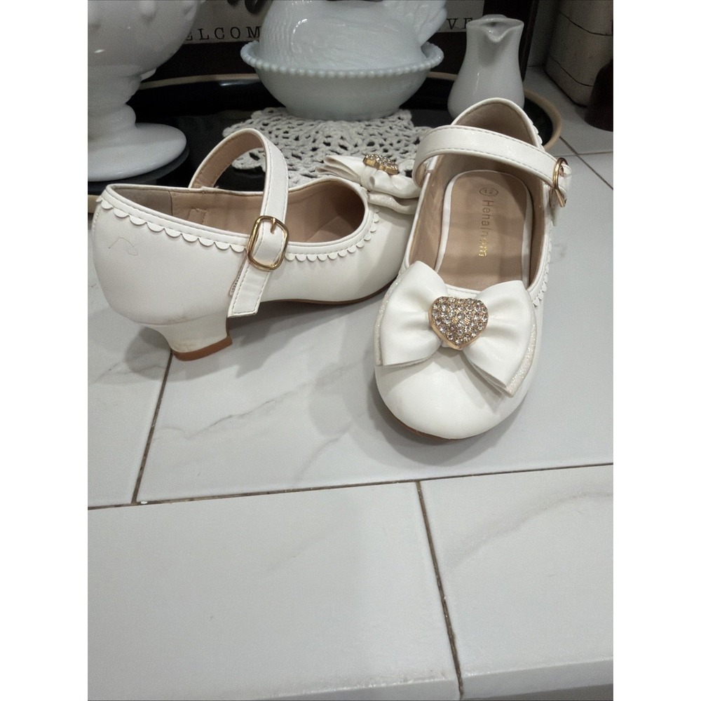 Hehainom Little Girls Emily Strap Mary Jane Shoe Bow Rhinestone‎ Heart 12 White